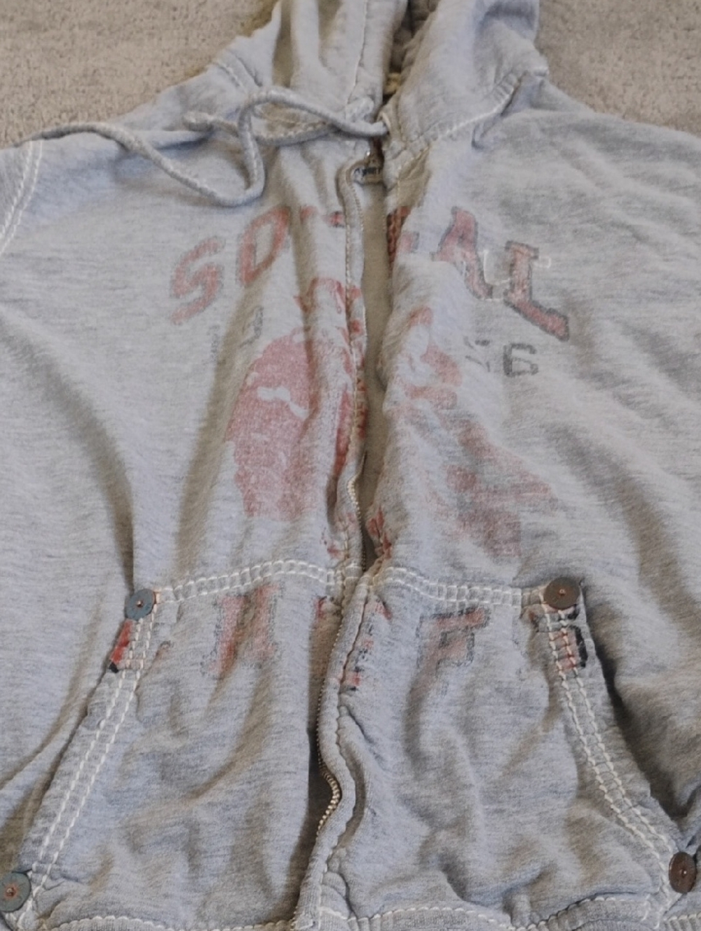 True Religion Gray Sweatshirt with Red and Blue Graphic Label..Vintage In XXL